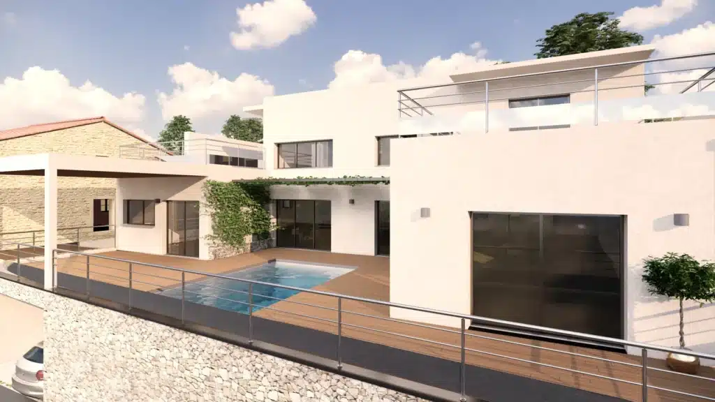 Villa Moderne avec Piscine et Grande Terrasse en Bois Villa moderne blanche avec piscine, terrasse en bois, garde-corps en métal et murs en pierre sous un ciel ensoleillé.
